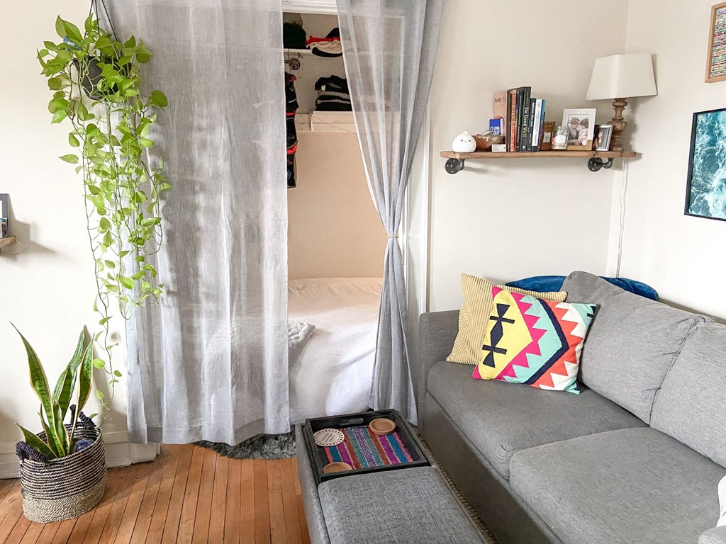 a living room with a couch and a bed