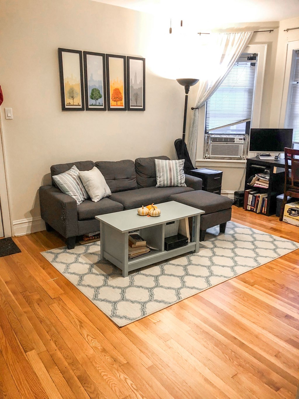 a living room with a couch and a coffee table