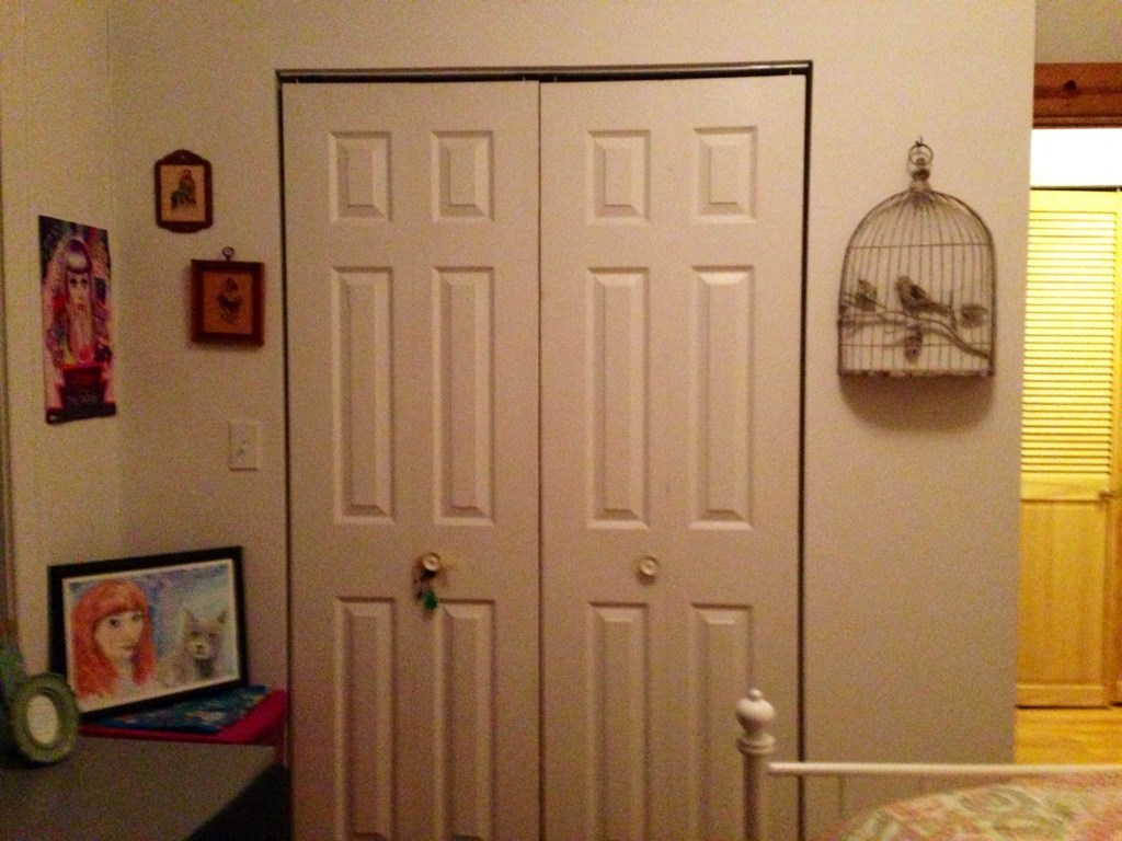 the closet door is closed with a bird cage on it