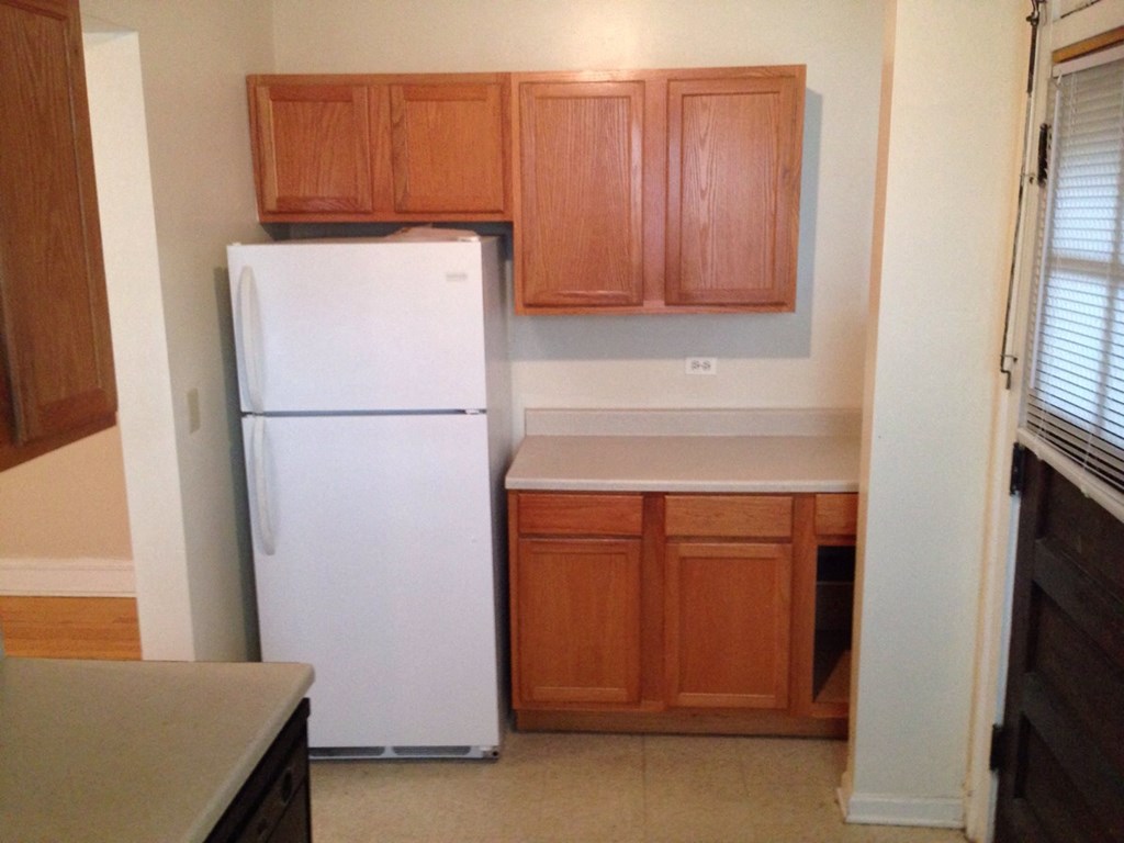 a kitchen with a white refrigerator and wooden cabinets