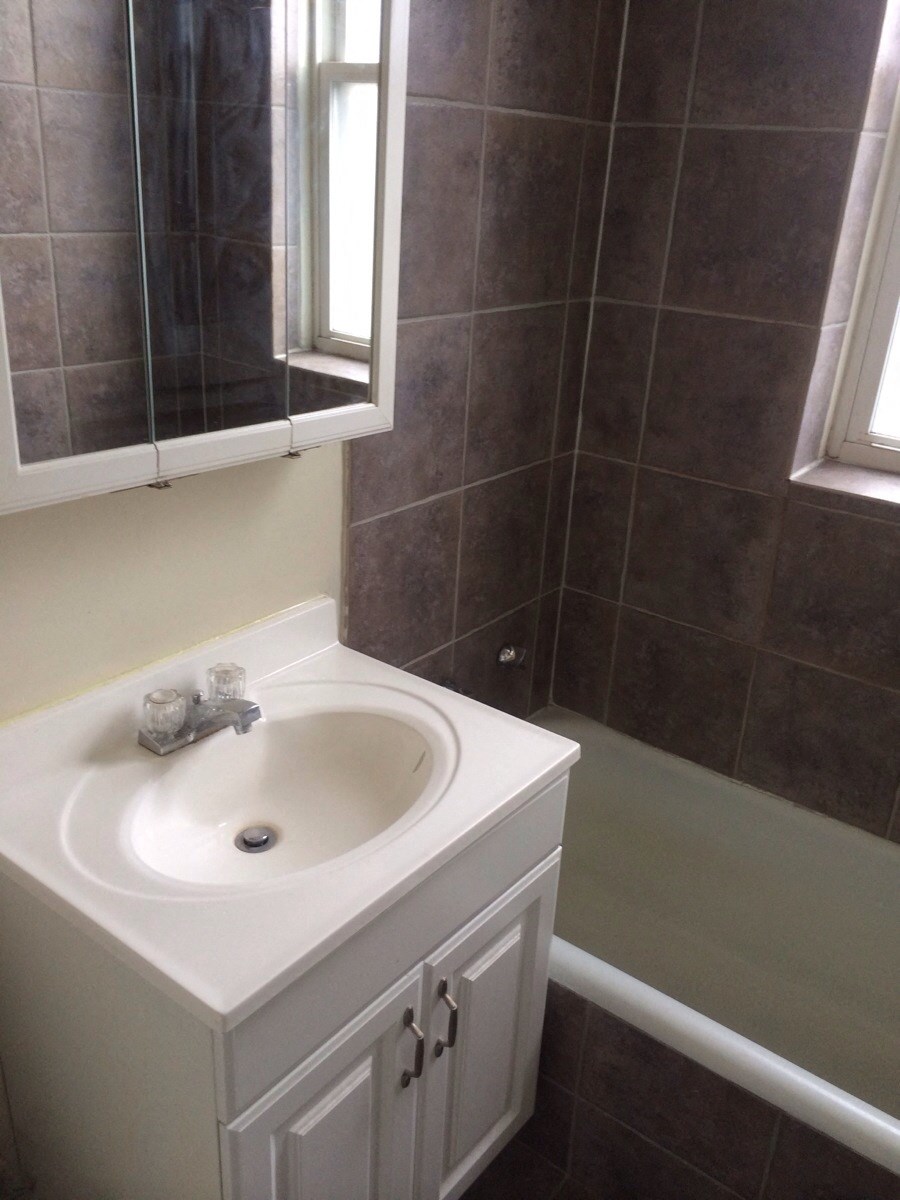 a bathroom with a sink and a mirror and a shower
