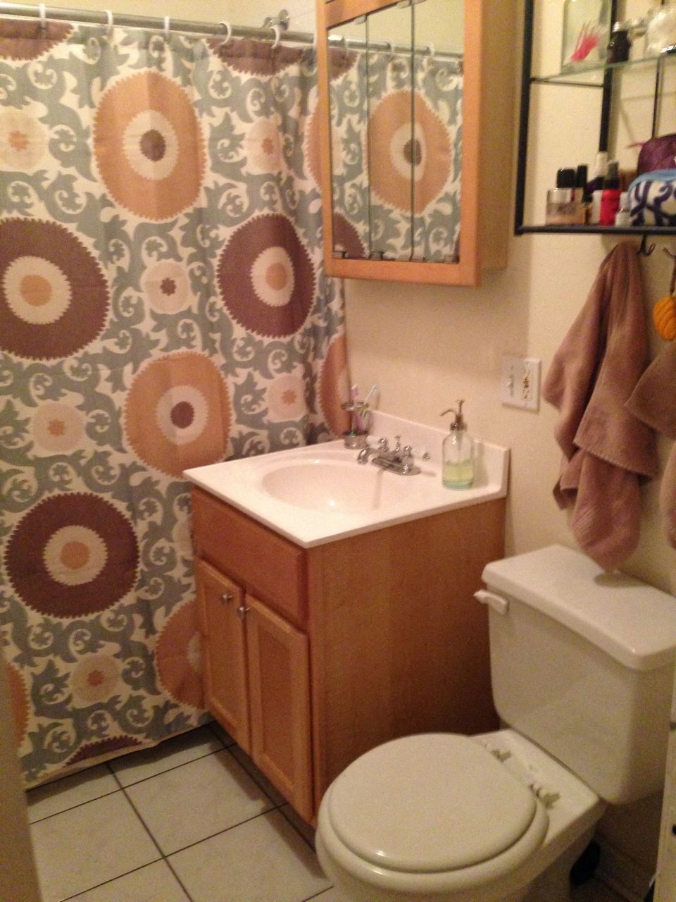 a bathroom with a sink and a toilet and a shower curtain