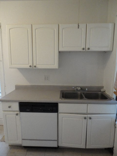 a kitchen with white cabinets and a sink and a dishwasher