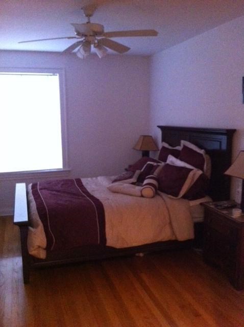 a bedroom with a bed and a ceiling fan
