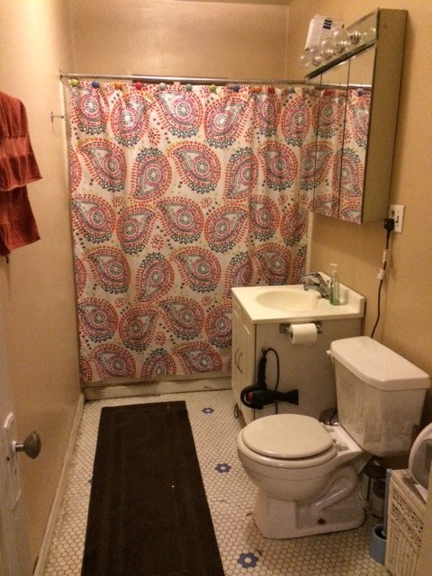 a bathroom with a toilet and a shower curtain