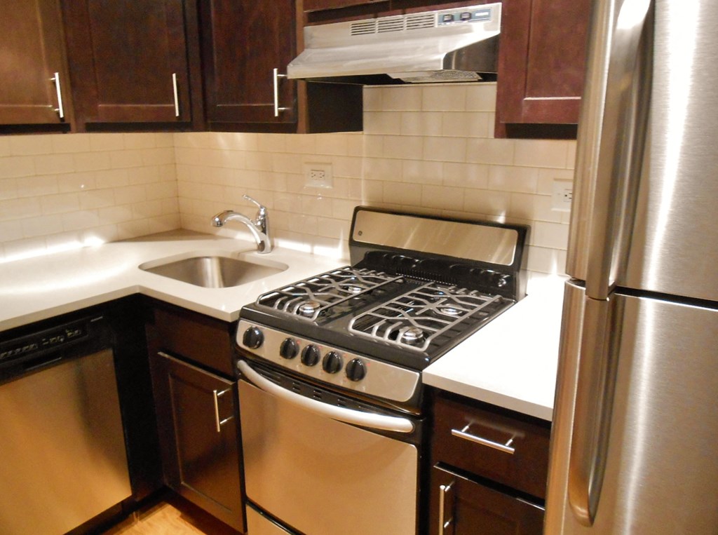 a kitchen with a stove and a sink and a refrigerator