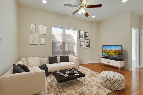 a living room with a couch and a coffee table