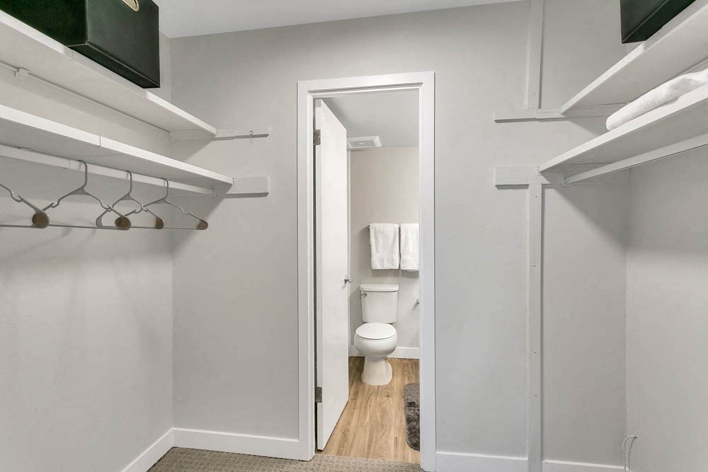 a bathroom with a toilet and a closet