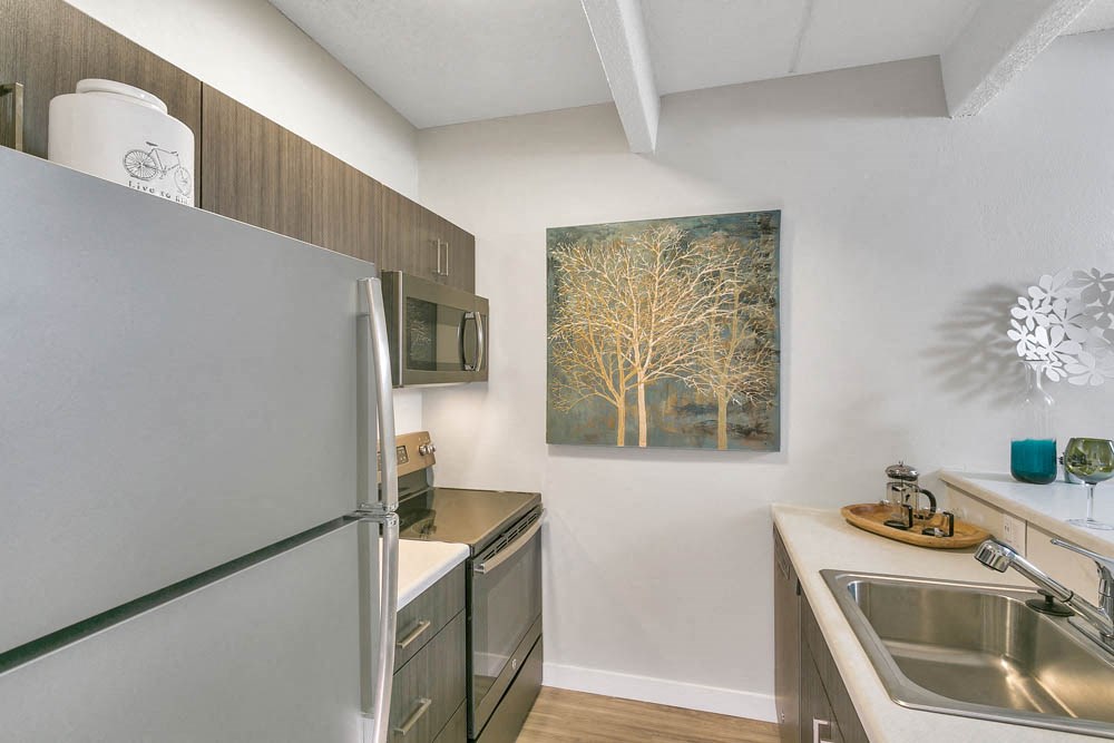 a kitchen with stainless steel appliances and a refrigerator