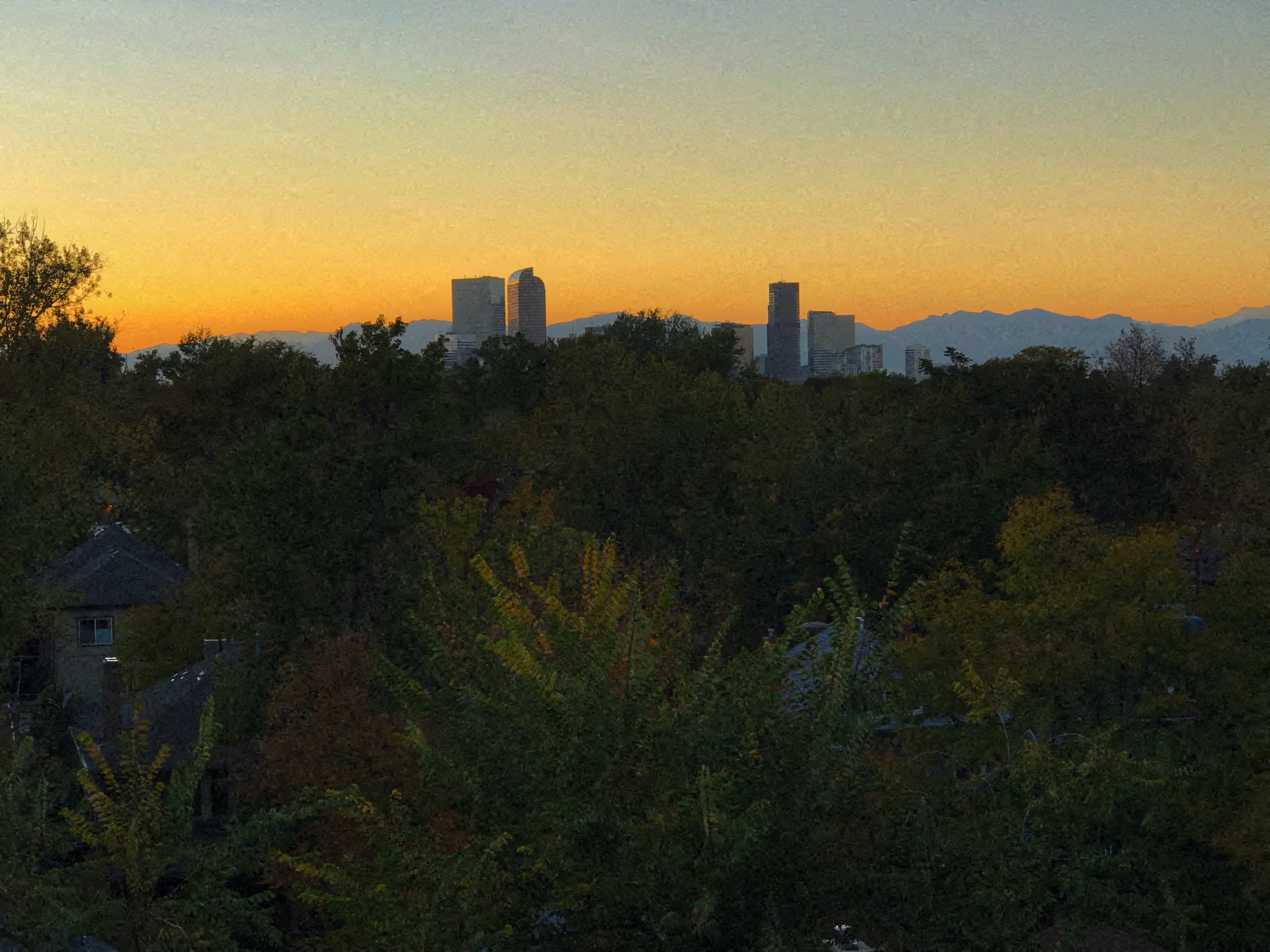 a view of the skyline at sunset with trees in the foreground