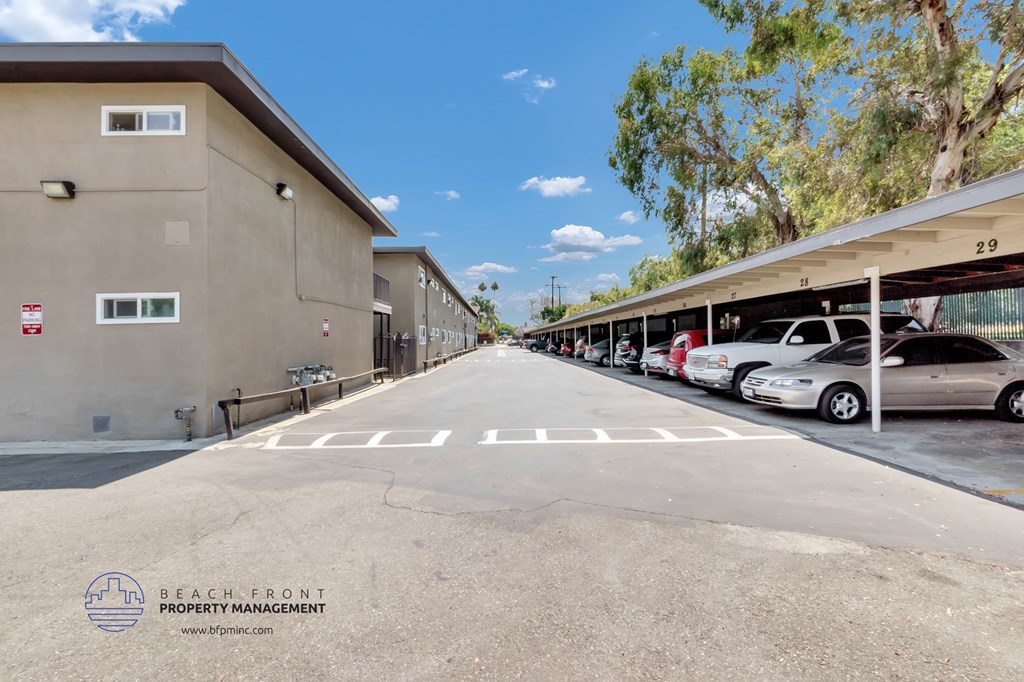 a parking lot in front of a building