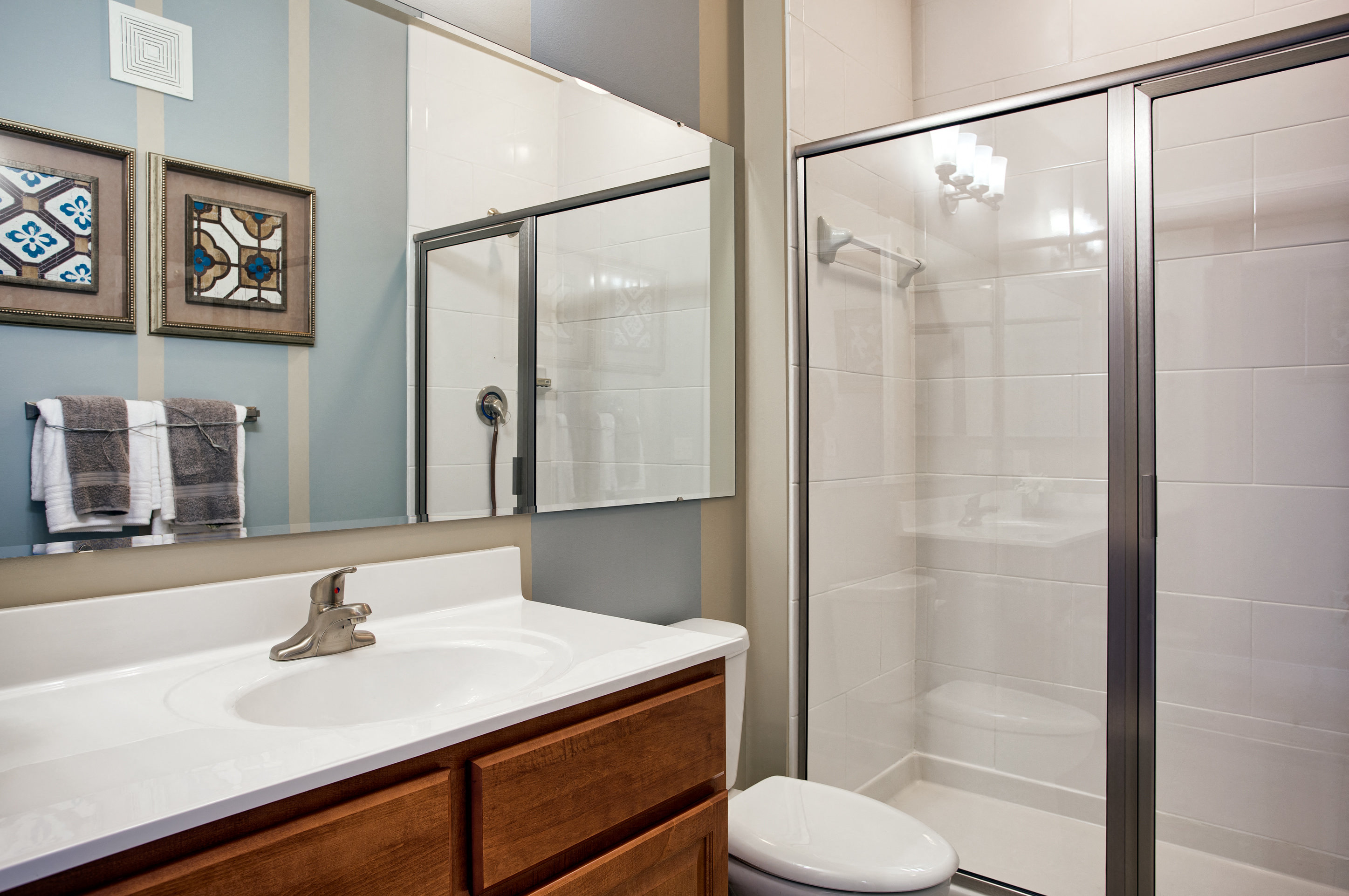 a bathroom with a shower and a sink and a mirror