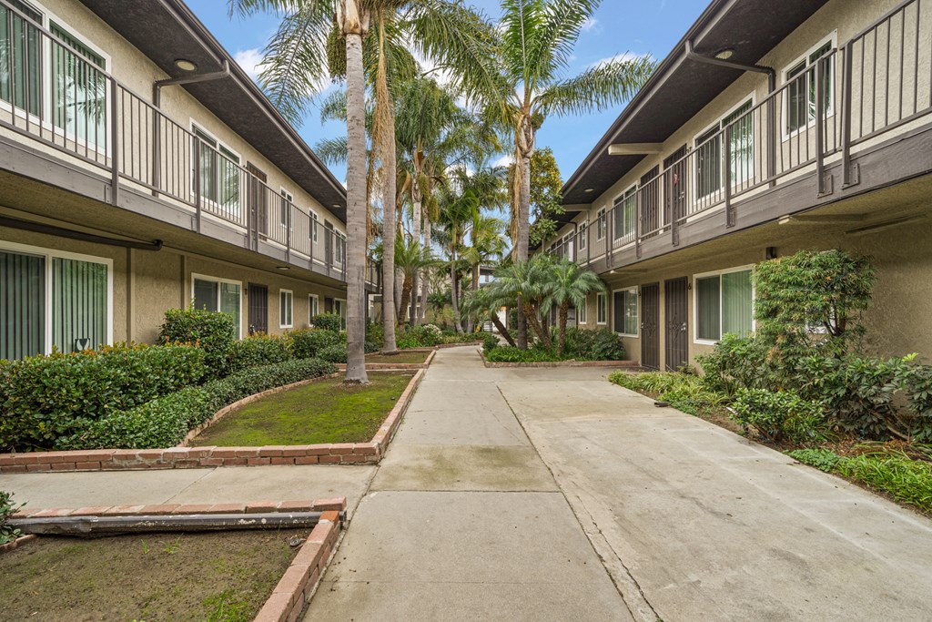 an empty sidewalk in front of an apartment building with palm trees