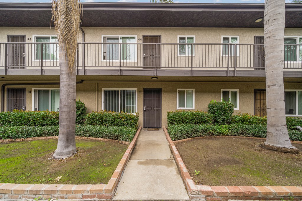 a sidewalk in front of a building with palm trees