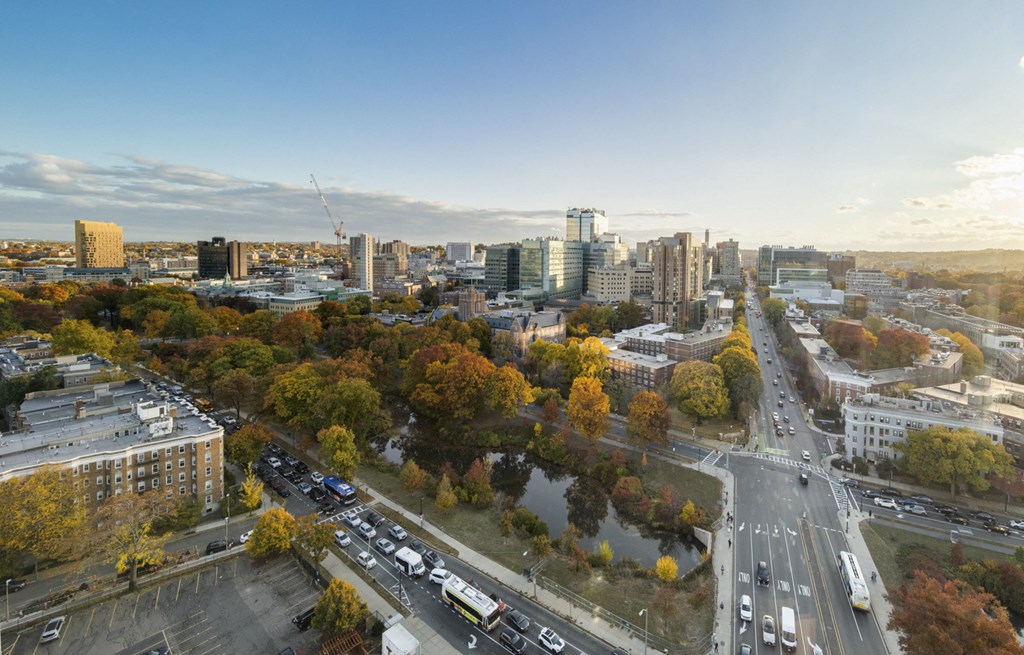 A cityscape with a mix of modern and older buildings, surrounded by trees with autumn foliage.