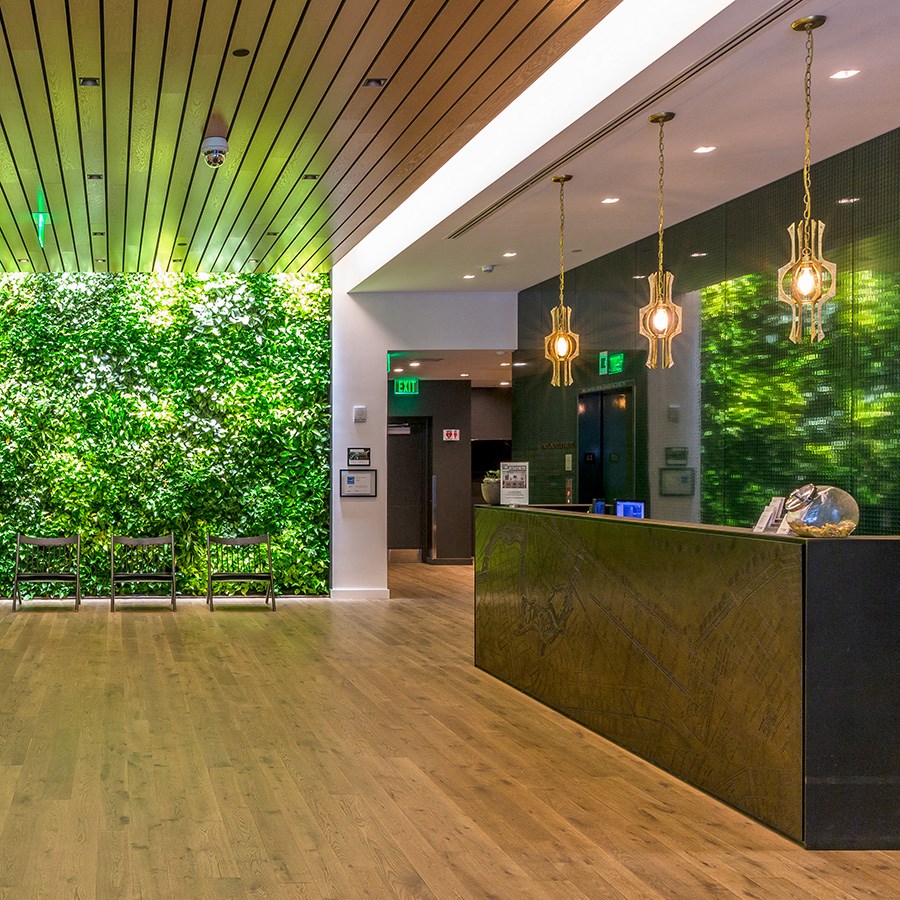 a reception desk in front of a green wall of plants