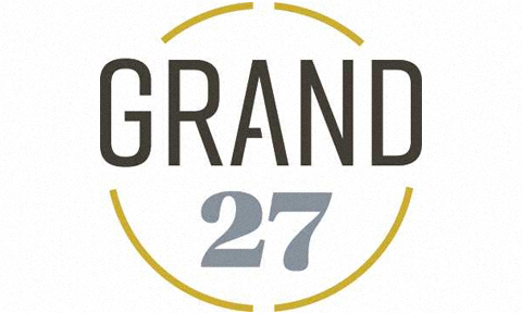 the logo for grand 27th anniversary with a circle and the number