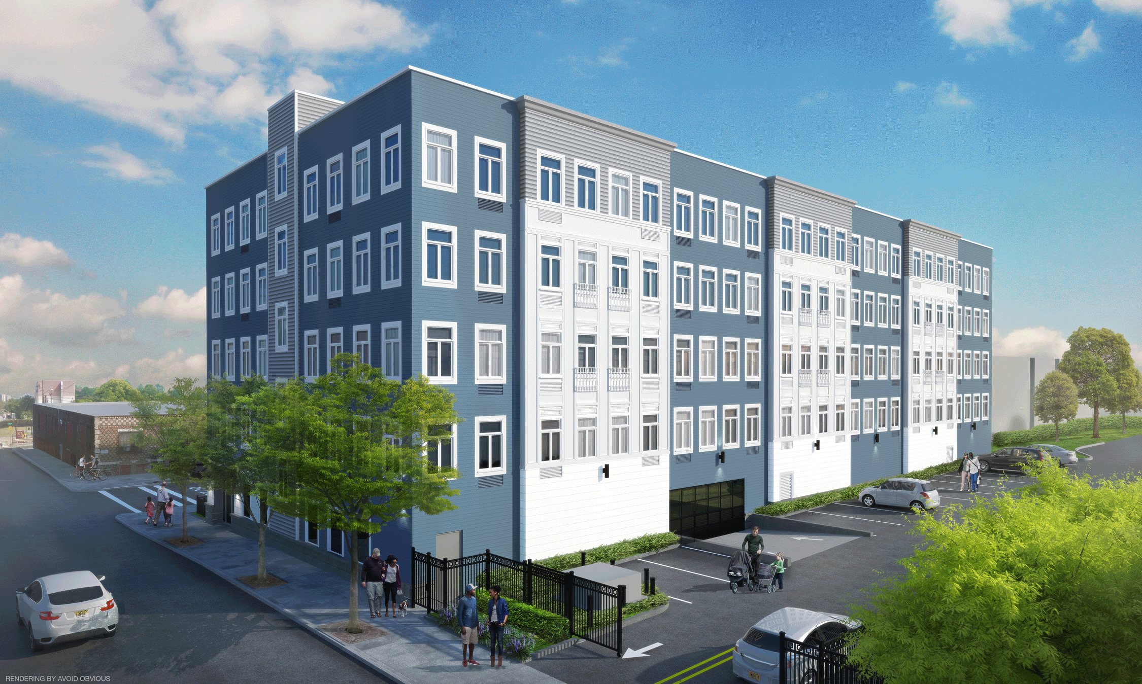 a rendering of a five story apartment building on a city street
