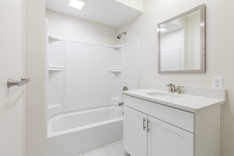 a bathroom with a sink and a shower and a mirror
