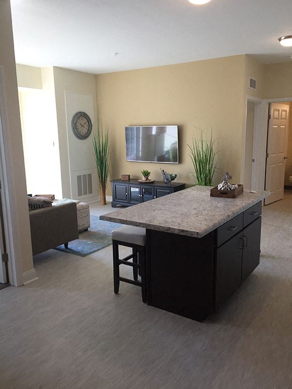 an open living room with a kitchen counter and a tv