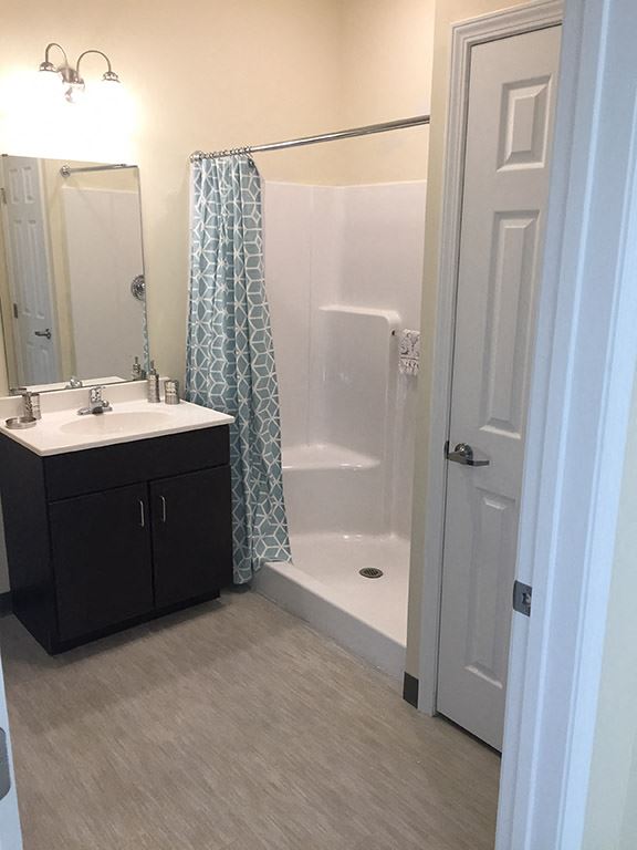 a bathroom with a sink and a shower