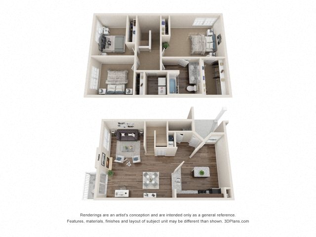 Coleridge Town Home Three Bedroom Floor Plan at Fairlane Woods Apartments, Dearborn, MI, 48126