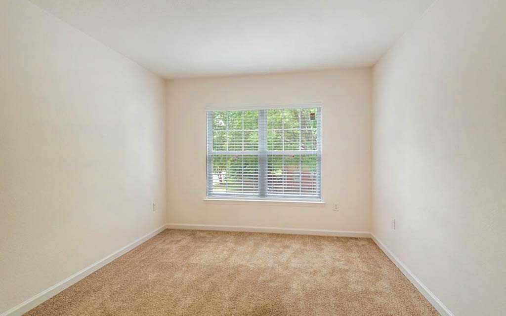an empty room with a window and carpet