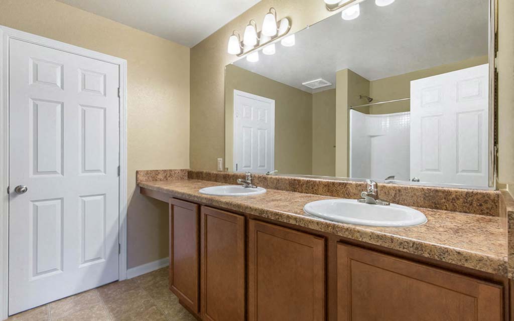 a bathroom with two sinks and a mirror