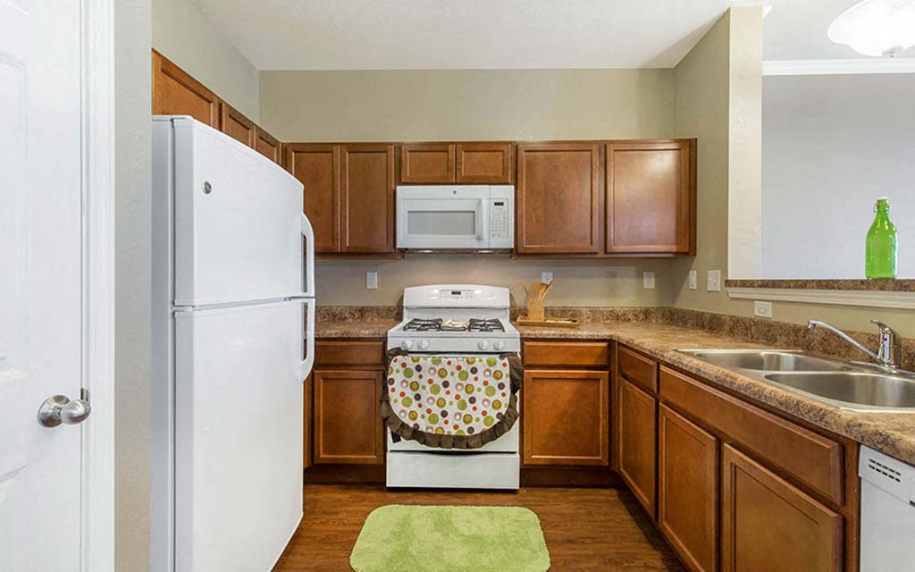 a kitchen with a stove microwave and a refrigerator