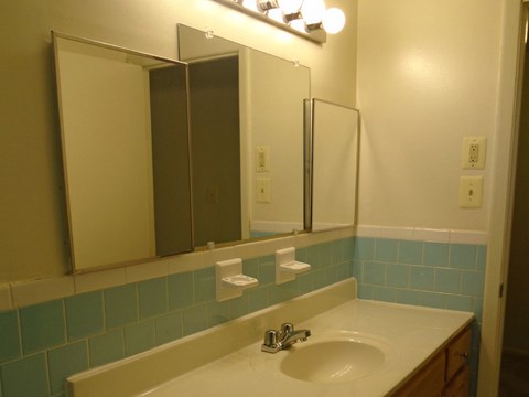 A bathroom with a white sink and a mirror above it.