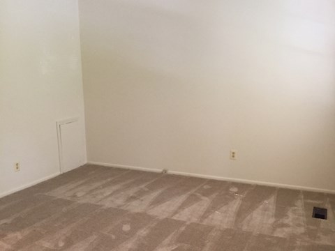 A room with a carpeted floor and a white door.