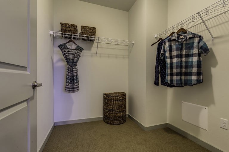 a closet with clothes hanging on the wall and a door