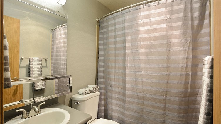 a bathroom with a shower and a sink and a toilet