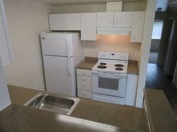 a kitchen with a stove refrigerator and a sink