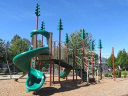 a playground with a green slide and