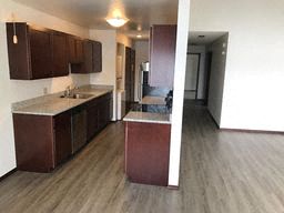 an empty kitchen with wooden floors and cabinets