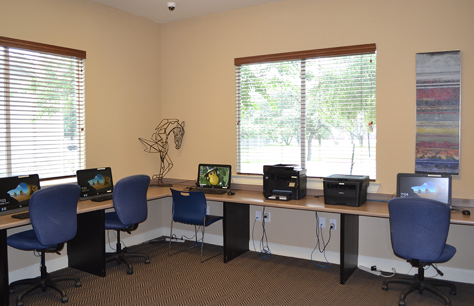 an office with three desks with computers and chairs and two windows