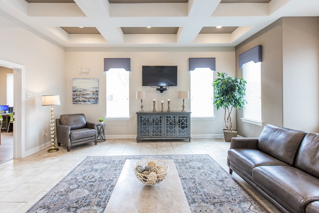 a living room with leather couches and a tv