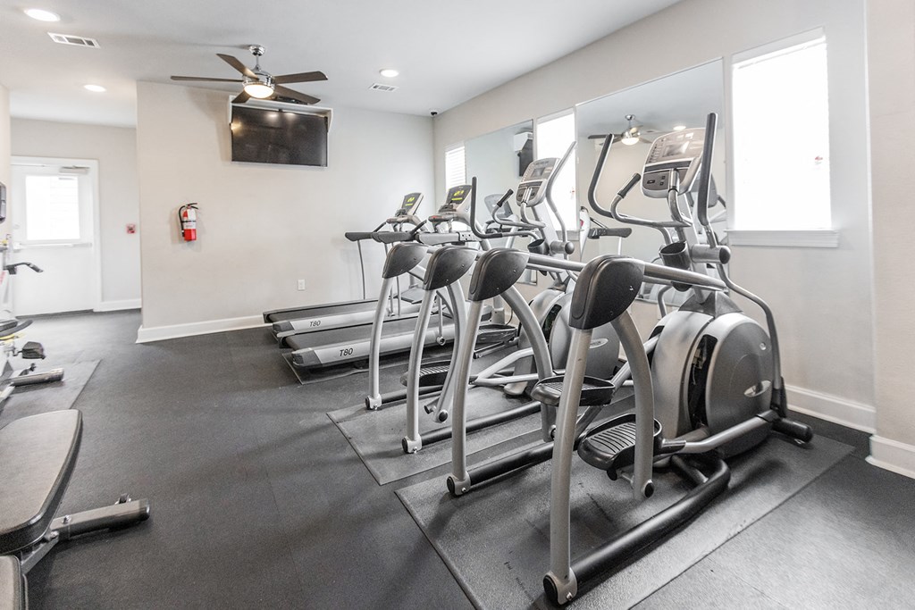 the gym is equipped with cardio machines and a flat screen tv