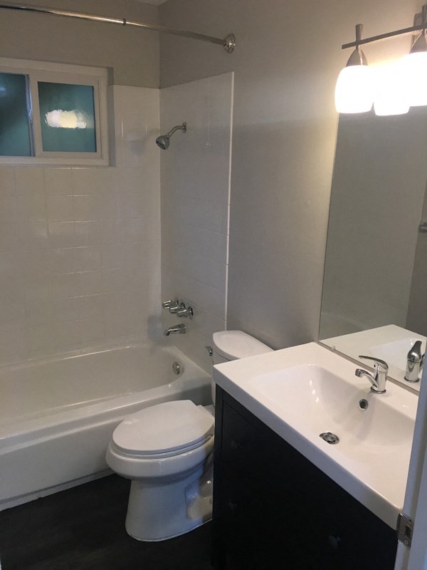 a bathroom with a toilet and a tub and a sink