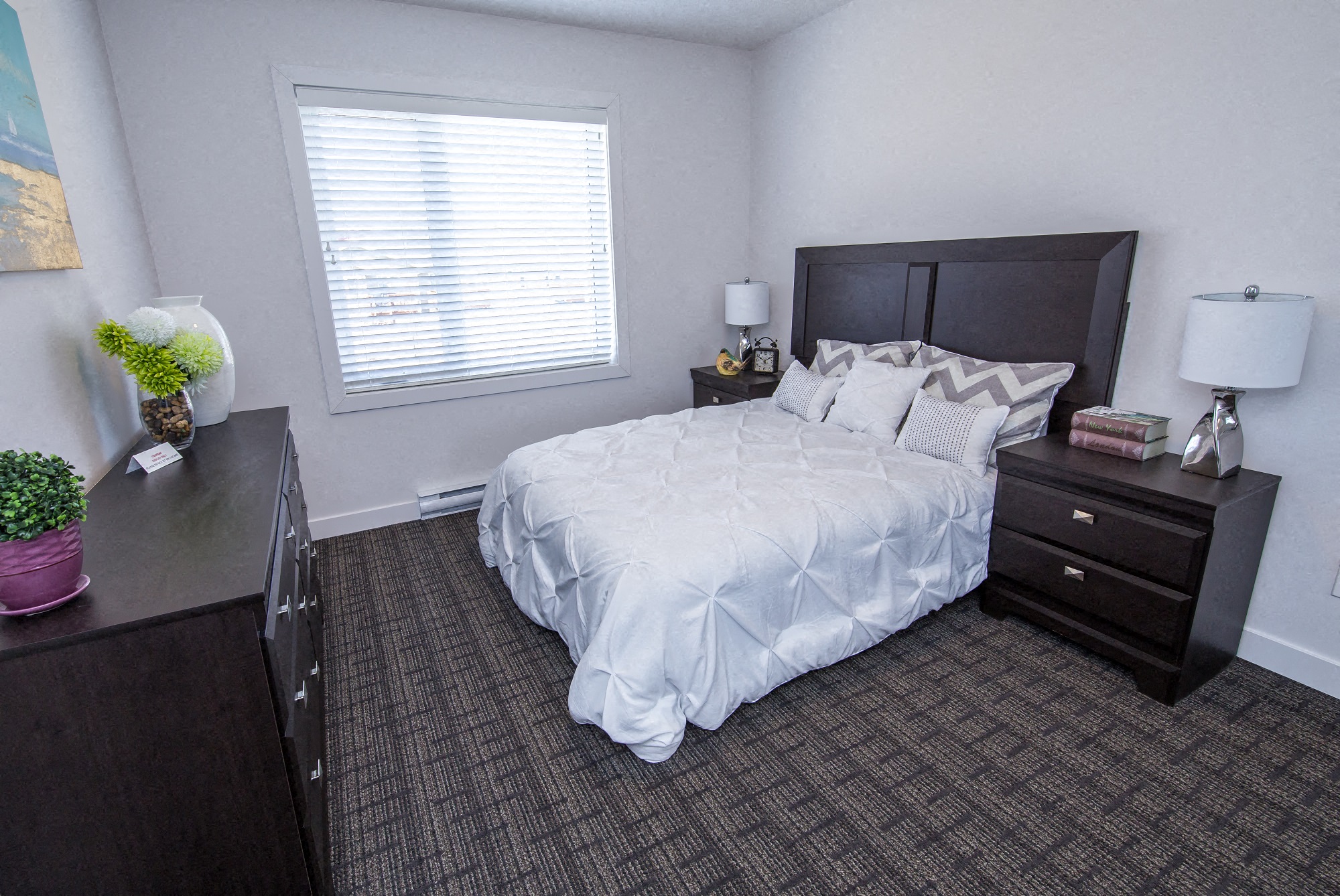 a bedroom with a bed and a dresser and a window