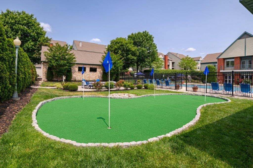 a backyard putting green with two blue flags on it