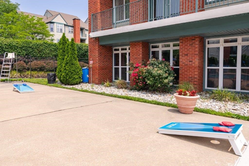 a ping pong table in front of a building