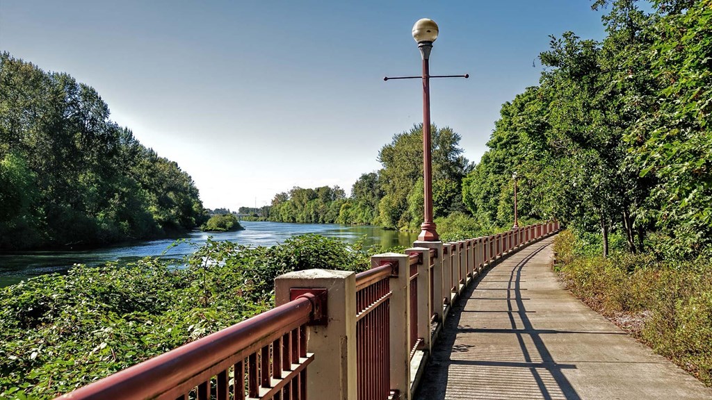 a bridge over a river with a street light