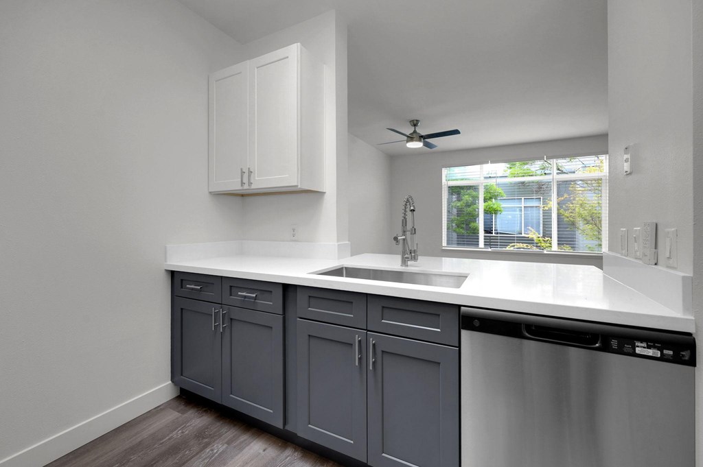 A kitchen with a stainless steel dishwasher and a window.