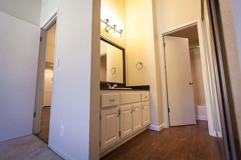 a bathroom with a sink and a mirror