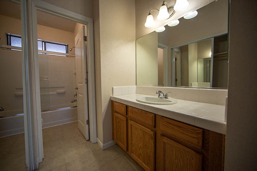 a bathroom with a sink and a mirror