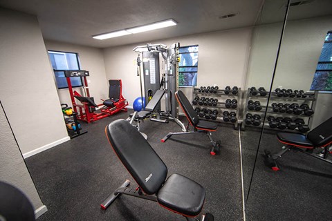 a gym with weights and other equipment in a building