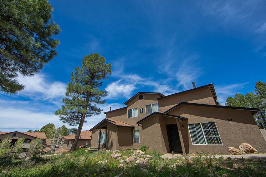 a house on a hill with trees and a blue sky