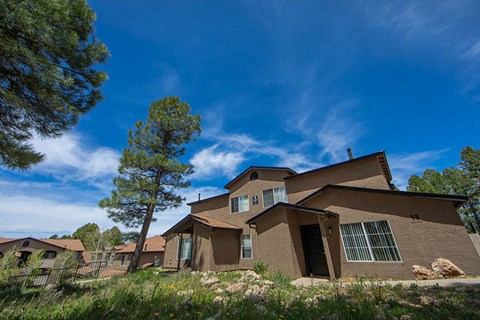 a house on a hill with trees and a blue sky